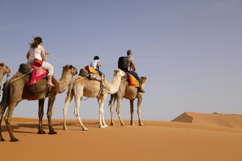 Explore the serene desert landscapes on camelback with family, capturing the essence of travel and adventure.
