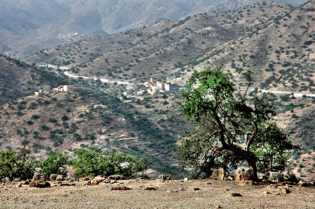 Beautiful view of Tafraoute's rugged mountains and arid landscape in Morocco.