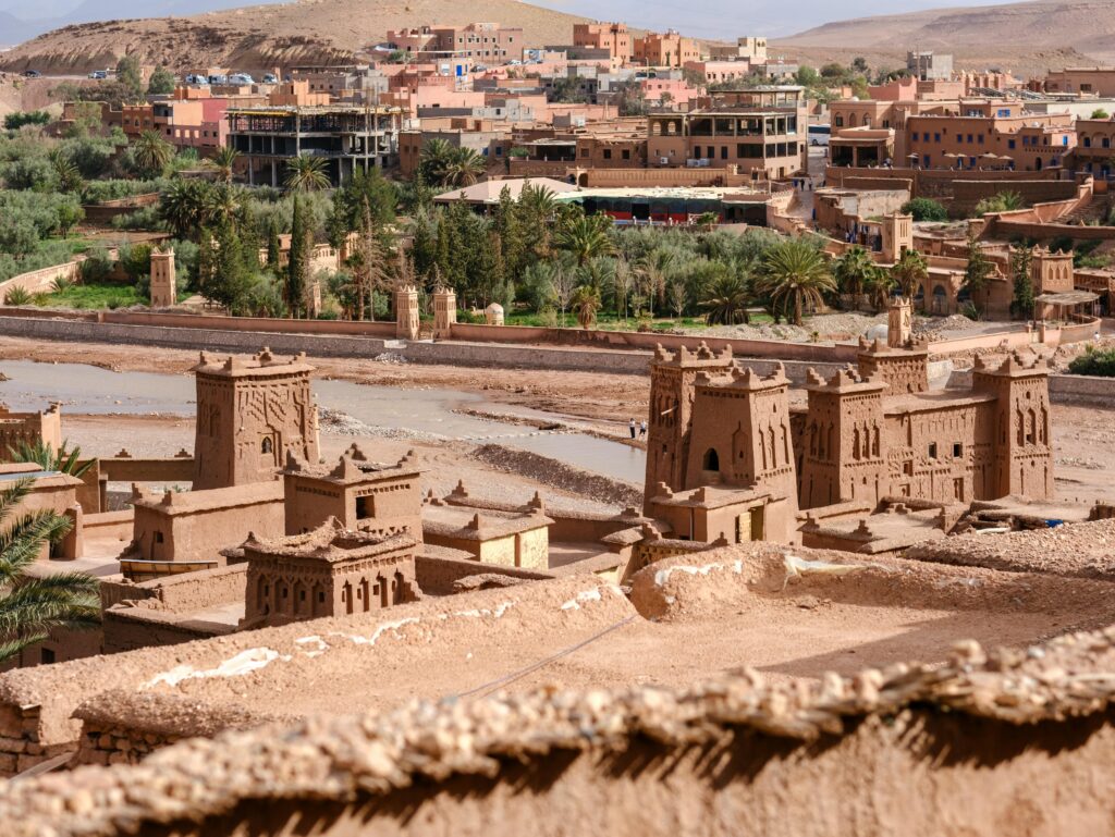 Scenic view of Ait Benhaddou's ancient architecture nestled in Morocco's Atlas Mountains.
