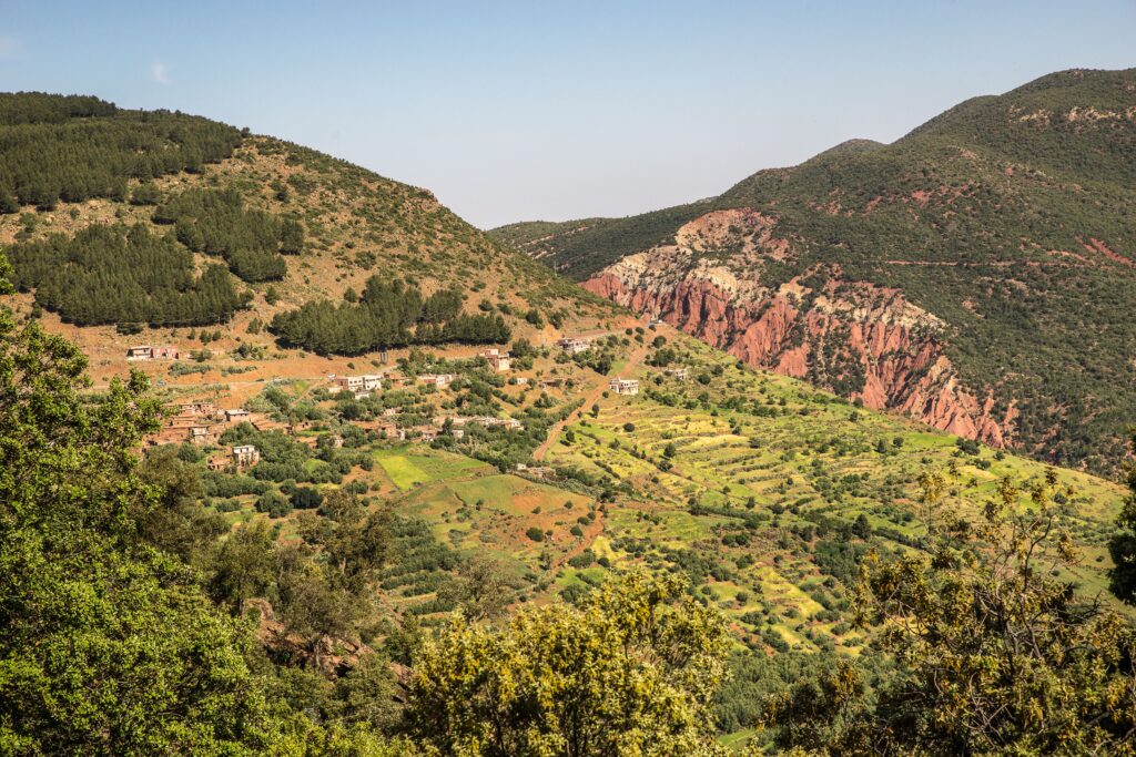 Beautiful landscape of a mountain village with lush greenery and scenic views in a vibrant valley.