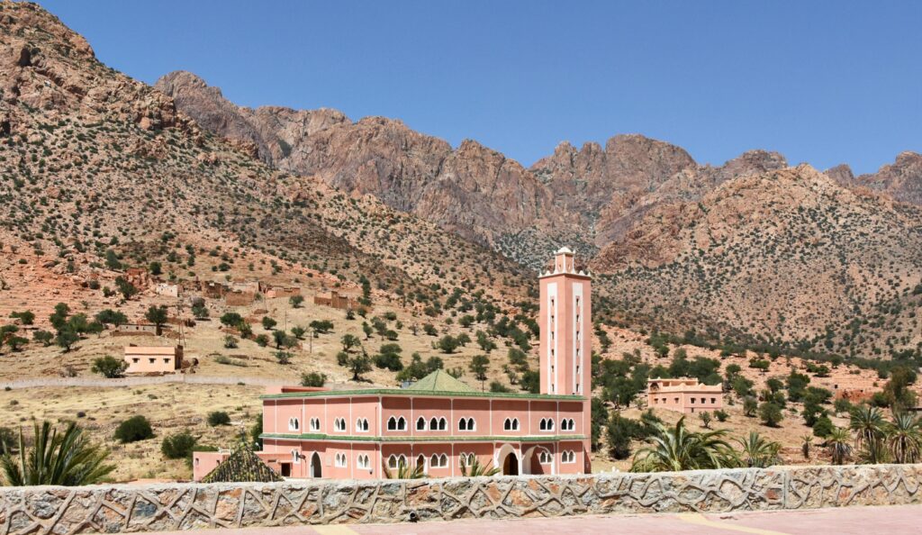 A beautifully preserved mosque in the arid landscape of Tafraoute, Morocco.